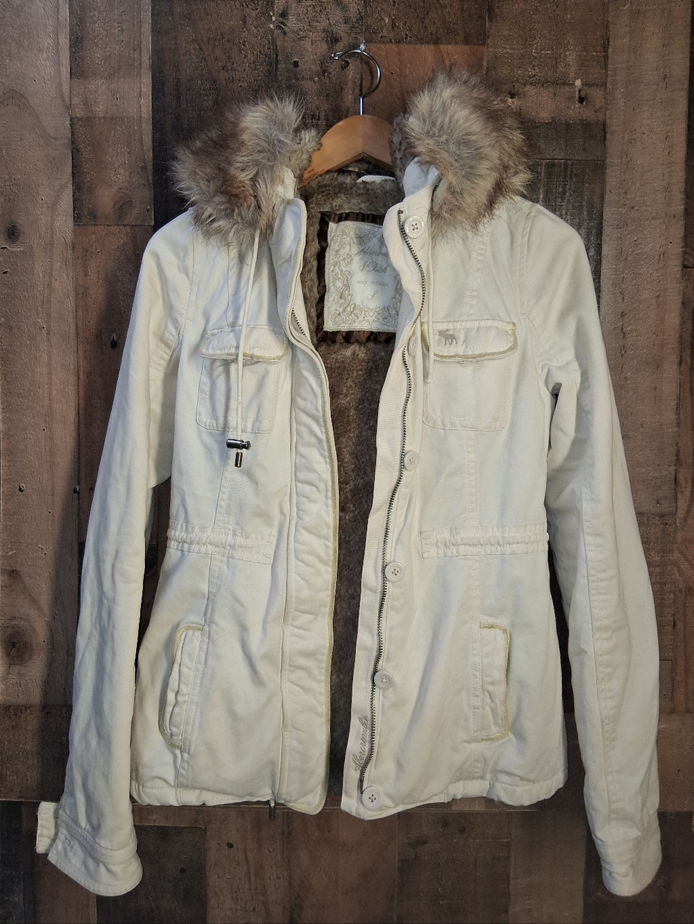 Abercrombie Y2k Vintage Brown Faux Fur Hood Cream Jacket Size Small